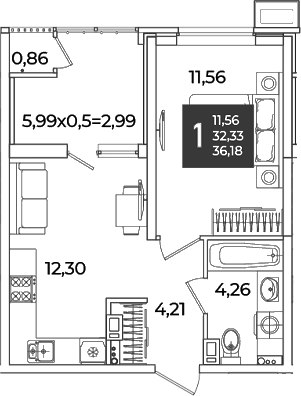 1-комн., 32.33 м², 18/18 этаж, ЖК «Образцово»