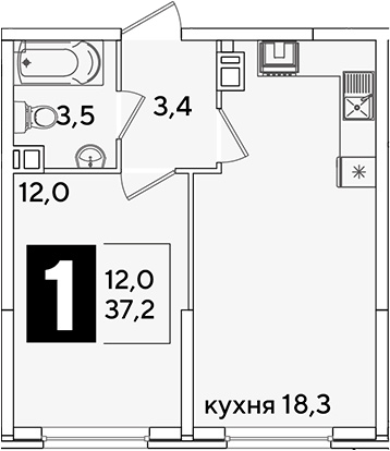 2-комн., 37.2 м², 5/16 этаж, ЖК «Самолет»