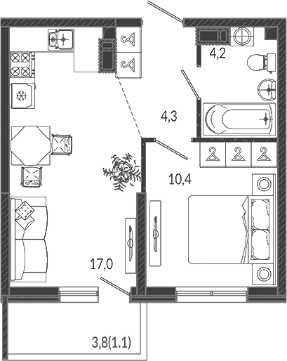 2-комн., 35.9 м², 2/12 этаж, ЖК «Флора»