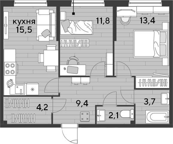 2-комн., 60.1 м², 2/16 этаж, ЖК «DОГМА ПАРК»