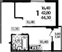1-комн., 42.8 м², 1/22 этаж, ЖК «Парк у дома»