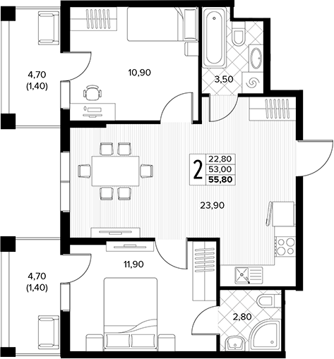 2-комн., 53 м², 6/7 этаж, ЖК «Кипарис»