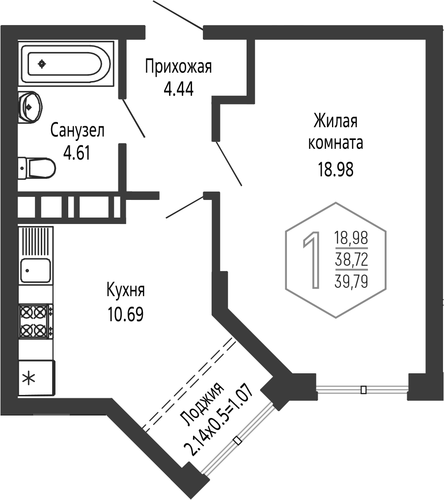 1-комн., 38.72 м², 20/24 этаж, ЖК «Гарантия PRIME»