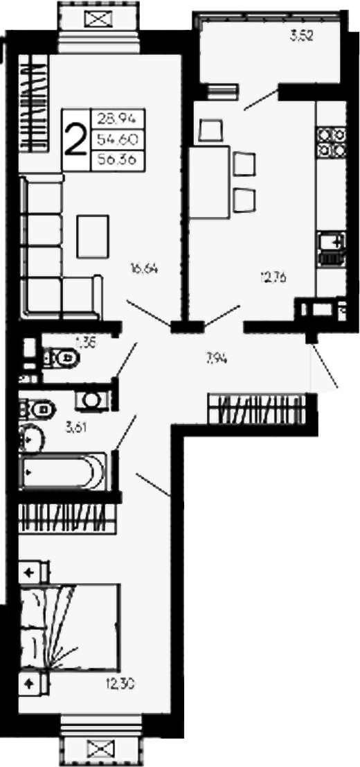 2-комн., 54.6 м², 11/14 этаж, ЖК «Эпос»