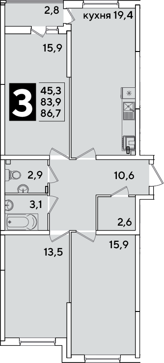 4+ комнаты, 83.9 м², 2/16 этаж, ЖК «Самолет»