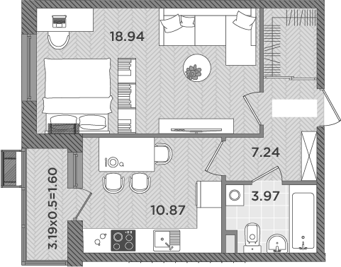1-комн., 41.02 м², 1/8 этаж, ЖК «Сады у моря»