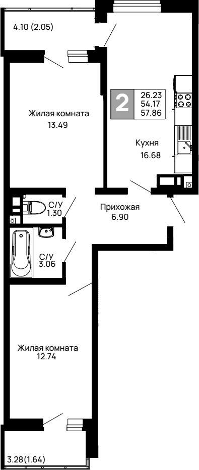 2-комн., 54.17 м², 7/14 этаж, ЖК «Долина»