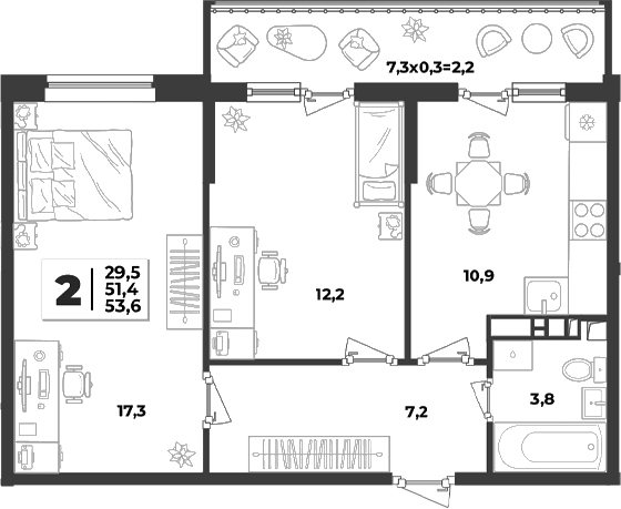 2-комн., 51.4 м², 5/9 этаж, ЖК «Лето»