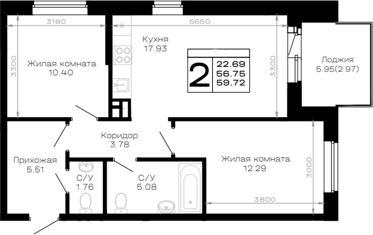 2-комн., 56.75 м², 4/4 этаж, ЖК «Усадьба Гостагаевская»