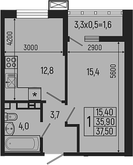 1-комн., 35.9 м², 6/7 этаж, ЖК «Звезды»