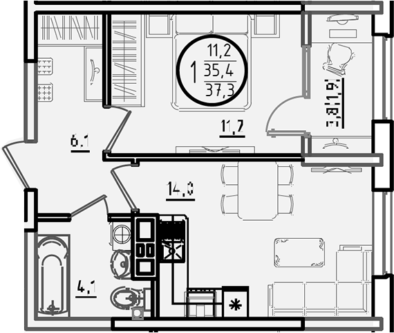 1-комн., 35.4 м², 3/9 этаж, ЖК «Первое место»