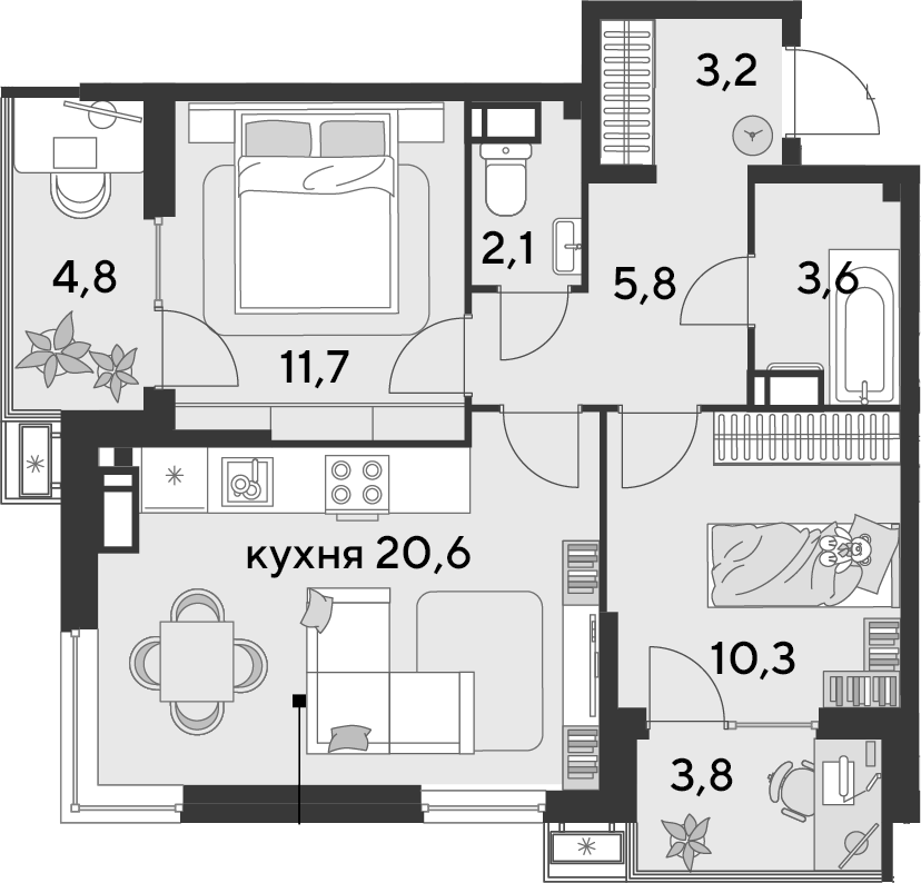 3-комн., 57.3 м², 11/18 этаж, ЖК «Парк Победы»