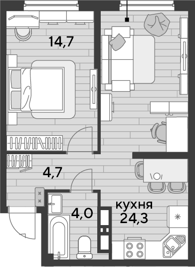 1-комн., 47.7 м², 14/19 этаж, ЖК «DОГМА ПАРК»