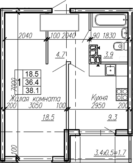 1-комн., 36.4 м², 2/4 этаж, ЖК «Эво»