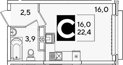 Студия, 22.4 м², 13/16 этаж, ЖК «Самолет»