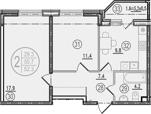 2-комн., 50.7 м², 1/9 этаж, ЖК «Спортивная деревня»