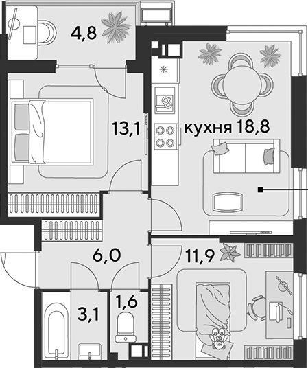 3-комн., 54.5 м², 5/18 этаж, ЖК «Парк Победы»