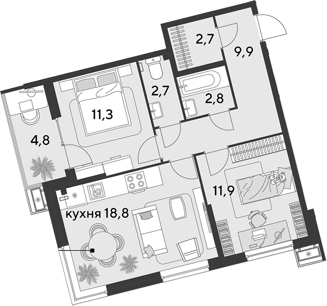 3-комн., 60.1 м², 2/18 этаж, ЖК «Парк Победы»
