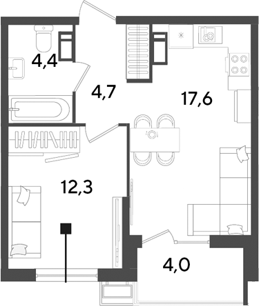 2-комн., 39 м², 12/18 этаж, ЖК «Парк Победы»