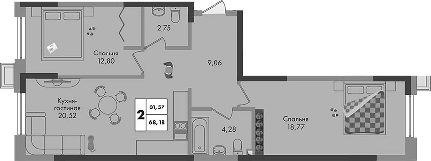 2-комн., 68.18 м², 4/9 этаж, ЖК «Зеленая территория»