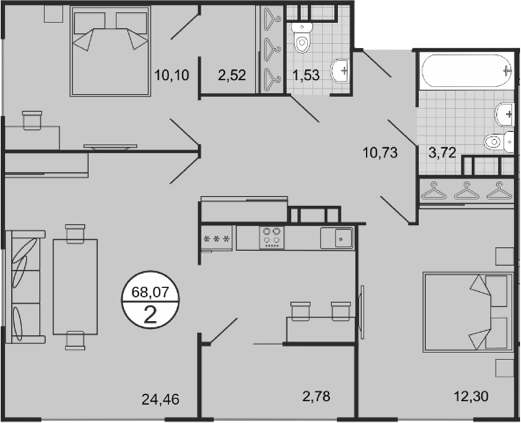 3-комн., 65.29 м², 8/9 этаж, ЖК «Событие»