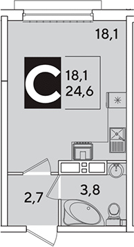 Студия, 24.6 м², 14/16 этаж, ЖК «Самолет»