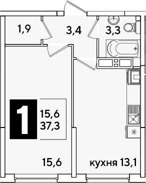1-комн., 37.3 м², 11/16 этаж, ЖК «Самолет»