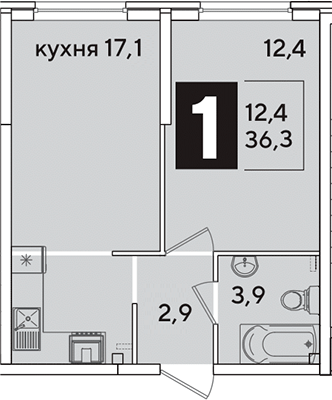 2-комн., 36.3 м², 1/16 этаж, ЖК «Самолет»