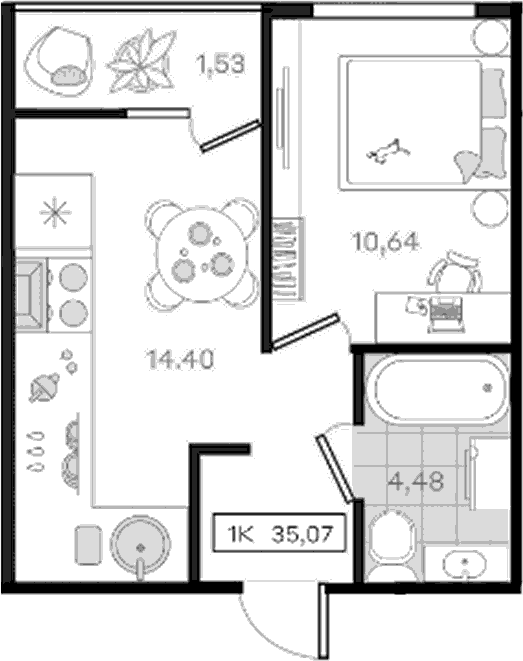 1-комн., 33.54 м², 4/8 этаж, ЖК «История 3»
