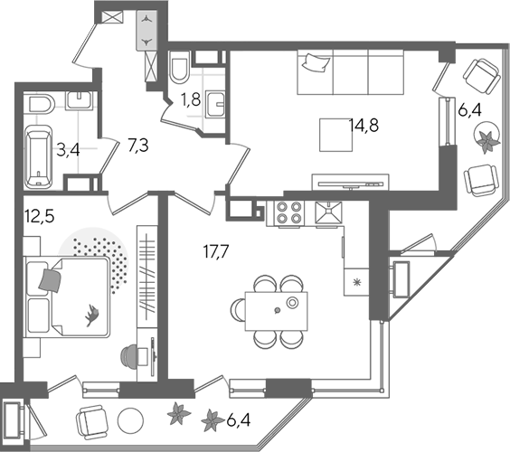 3-комн., 57.5 м², 13/24 этаж, ЖК «Рекорд»