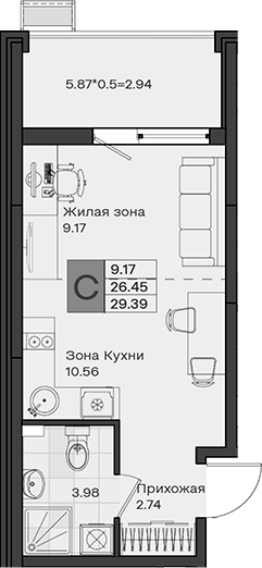 Студия, 26.45 м², 2/8 этаж, ЖК «МОНО квартал»