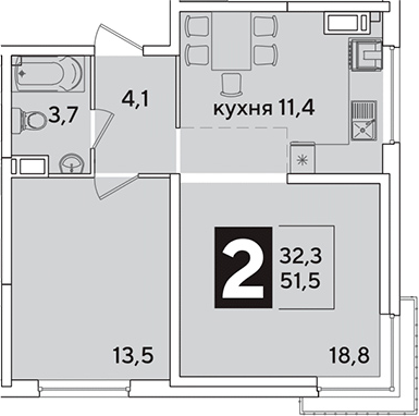 Продается 2-комн. квартира, 51.5 м²