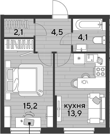 1-комн., 39.8 м², 2/16 этаж, ЖК «DОГМА ПАРК»
