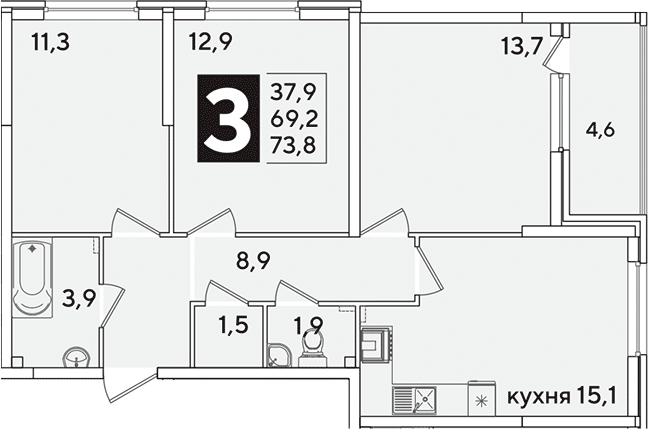 Продается 4-комн. квартира, 69.2 м²