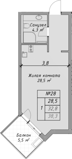Студия, 32.8 м², 2/4 этаж, ЖК «Оазис Азова»