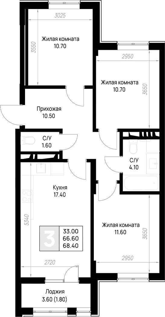 3-комн., 66.6 м², 11/12 этаж, ЖК «На высоком берегу»