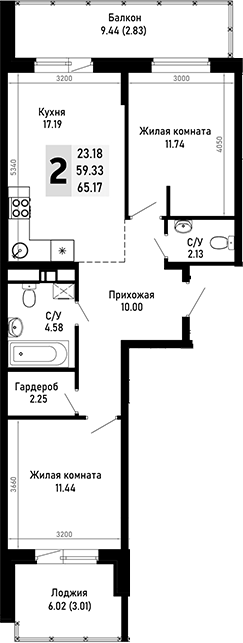 2-комн., 59.33 м², 4/4 этаж, ЖК «Усадьба Гостагаевская»