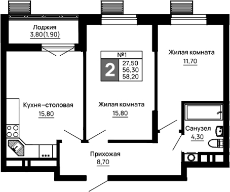 2-комн., 56.3 м², 14/16 этаж, ЖК «Традиции»