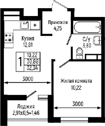 1-комн., 30.88 м², 13/18 этаж, ЖК «Ботаника Хиллс»