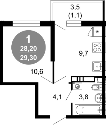 1-комн., 28.2 м², 2/17 этаж, ЖК «Лестория»