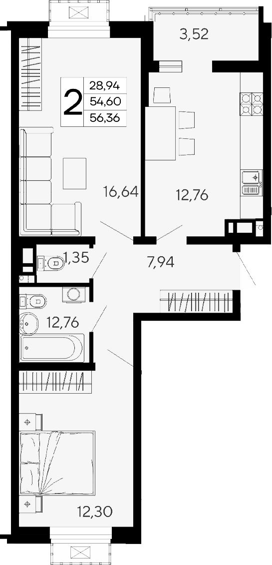 2-комн., 54.6 м², 11/16 этаж, ЖК «Эпос»