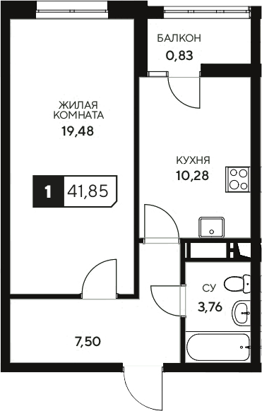 1-комн., 41.02 м², 3/20 этаж, ЖК «Центральный. Гамма»