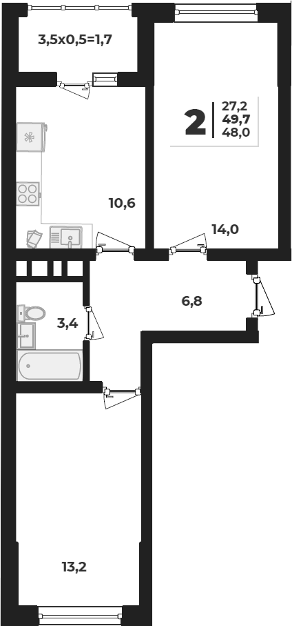 2-комн., 48 м², 19/19 этаж, ЖК «Грани»