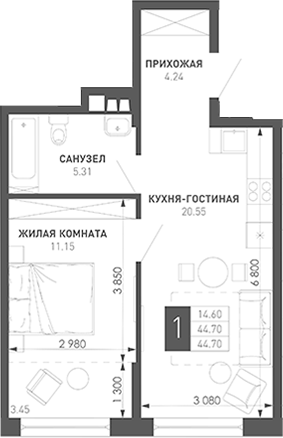 Продается 1-комн. квартира, 42.5 м²
