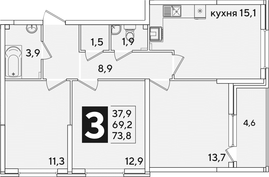 Продается 4-комн. квартира, 69.2 м²