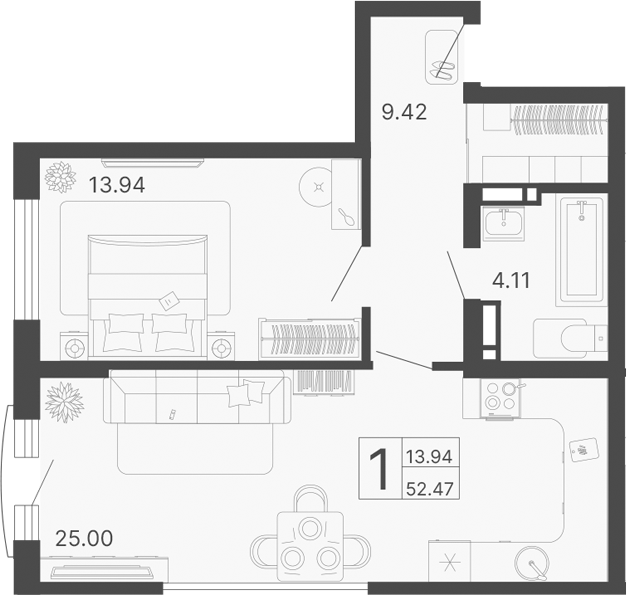 1-комн., 52.47 м², 13/17 этаж, ЖК «Светский лес»