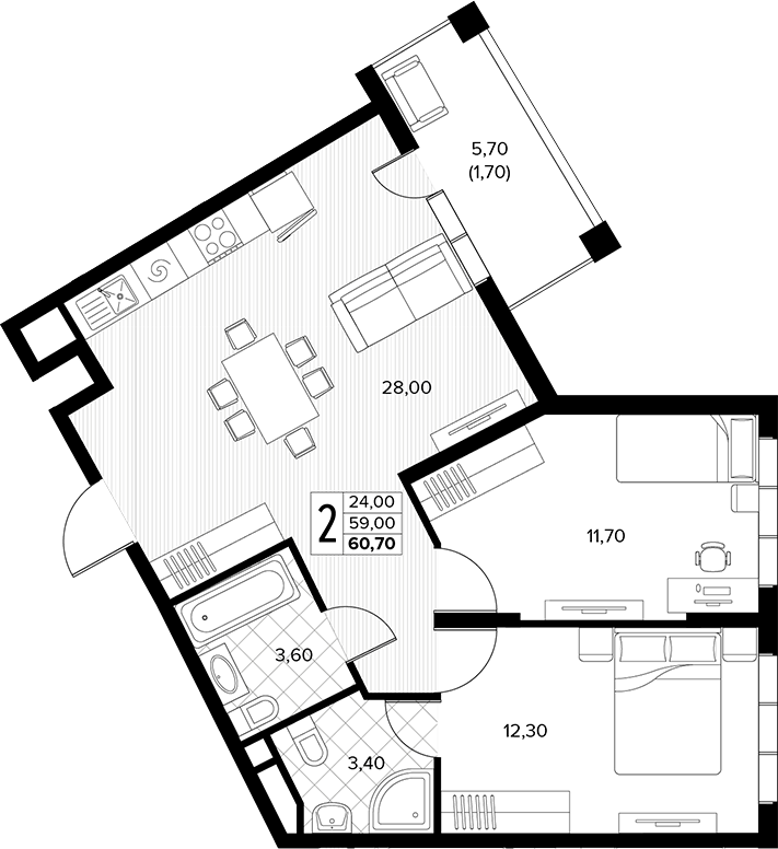 2-комн., 59 м², 3/8 этаж, ЖК «Кипарис»