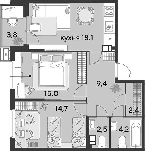 3-комн., 66.3 м², 7/9 этаж, ЖК «Парк Победы»