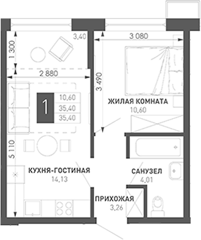 1-комн., 33.74 м², 10/18 этаж, ЖК «Иначе в Молодежном»