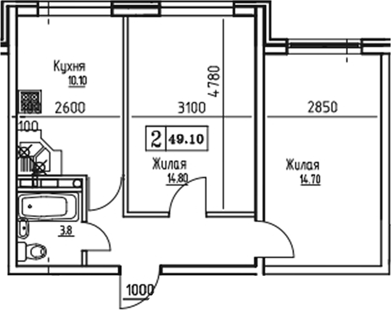 2-комн., 49.06 м², 8/9 этаж, ЖК «Южная звезда»